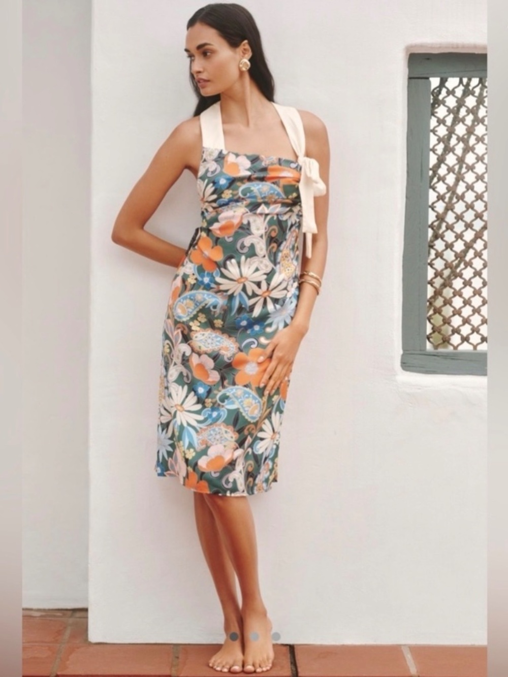 Anthro Celandine Floral Midi Dress NWT Green Motif Tie Strap Summer Size S